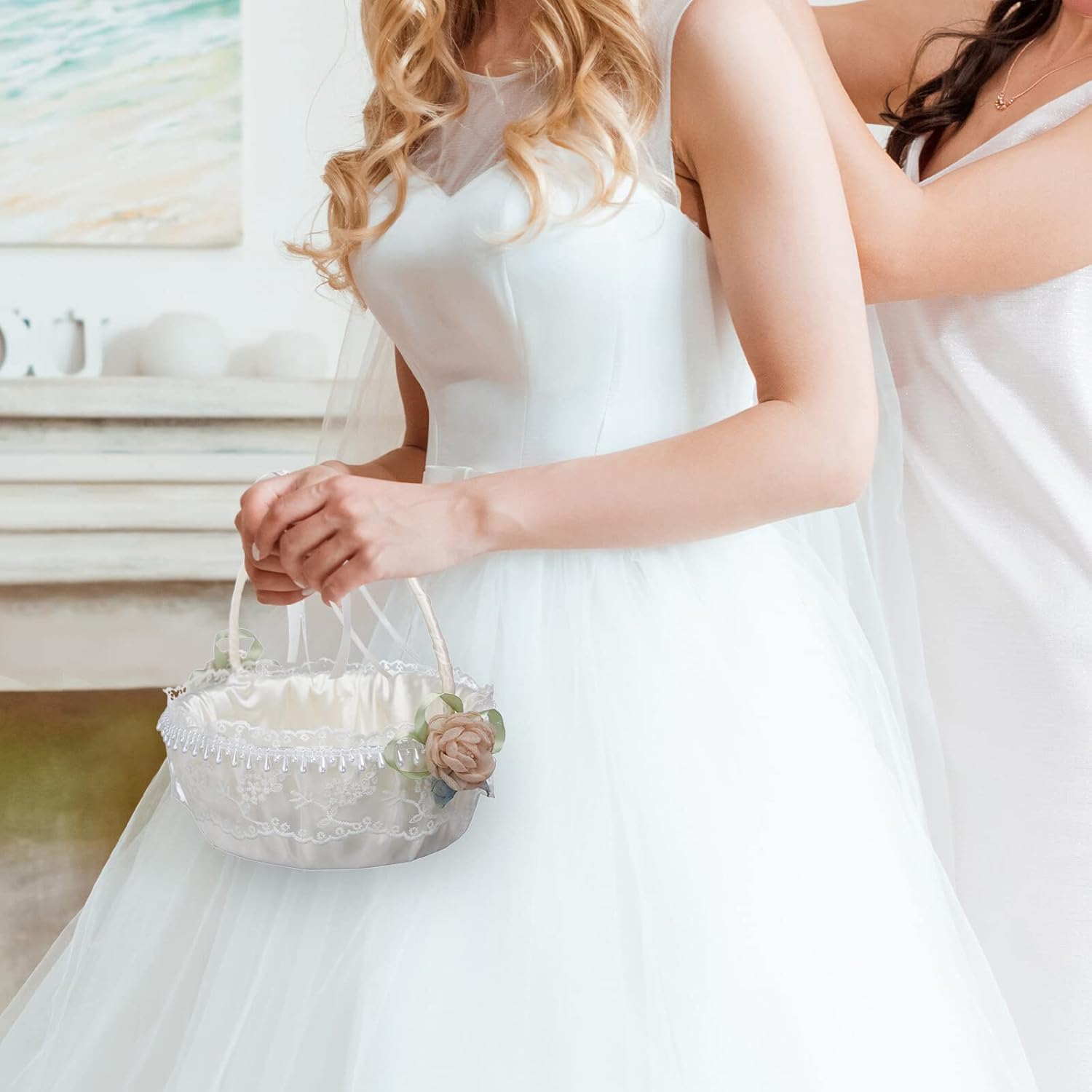 IUIBMI Ivory Wedding Flower Girl Baskets Set of 2 with Swingable Handle