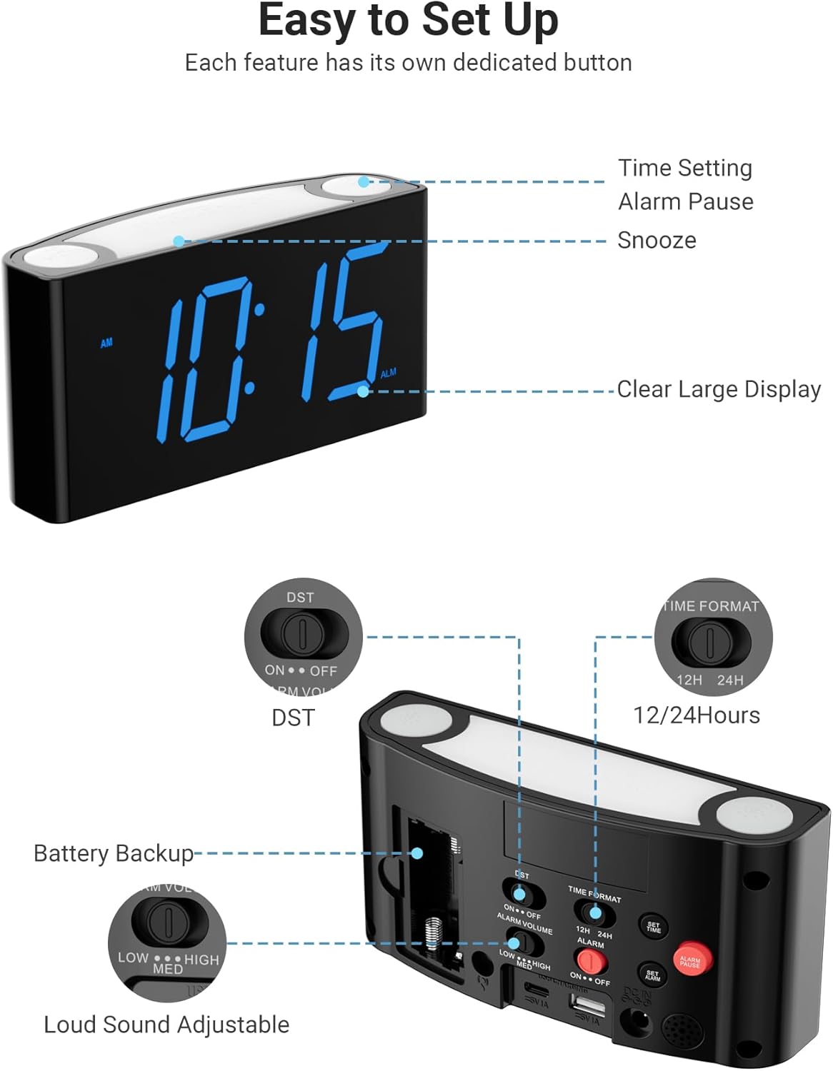 Rocam Digital Alarm Clock with 75 Inch LED Display