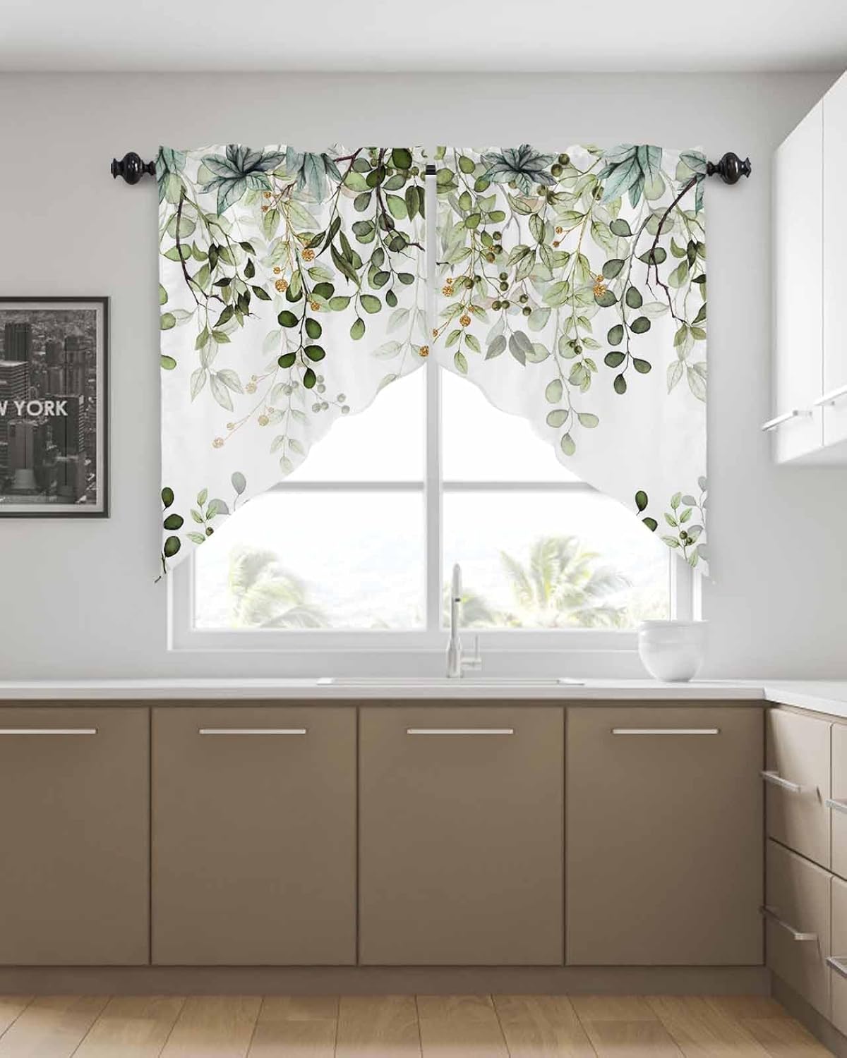 Bilagawa Spring Swag Valance Curtains Sage Green Eucalyptus Leaves 36x36in x2