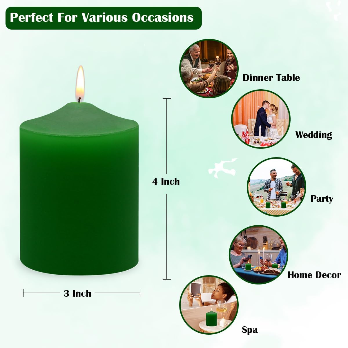 Yusevot 3x4 Inch Green Pillar Candles 3-Pack Smokeless