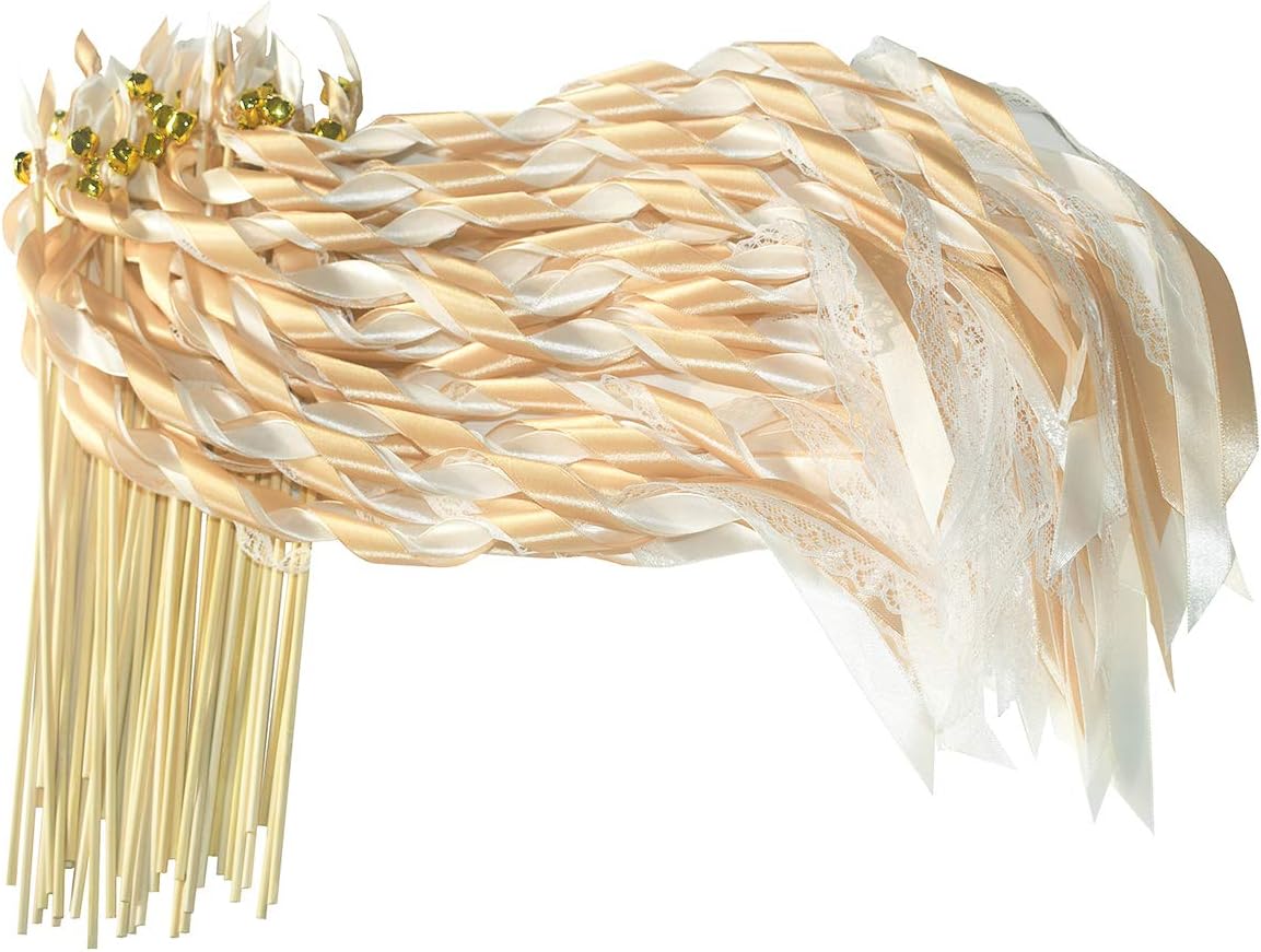 Kingsnow 50 Pack Champagne Lace Ribbon Wands with Bells Party Favors