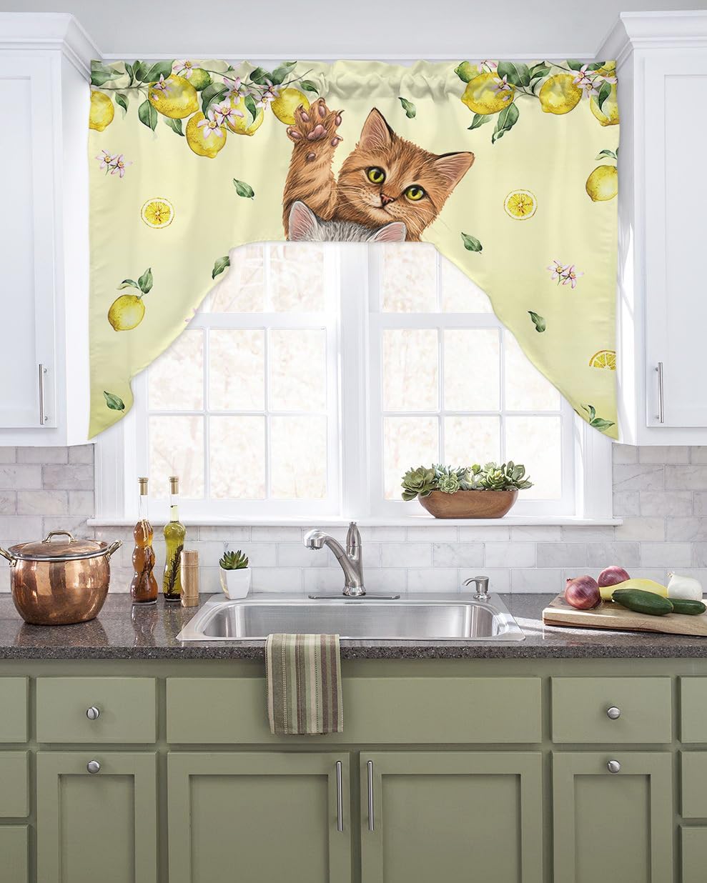 Lemon Flower Cats Valance Curtains for Kitchen Bedroom and Living Room Windows