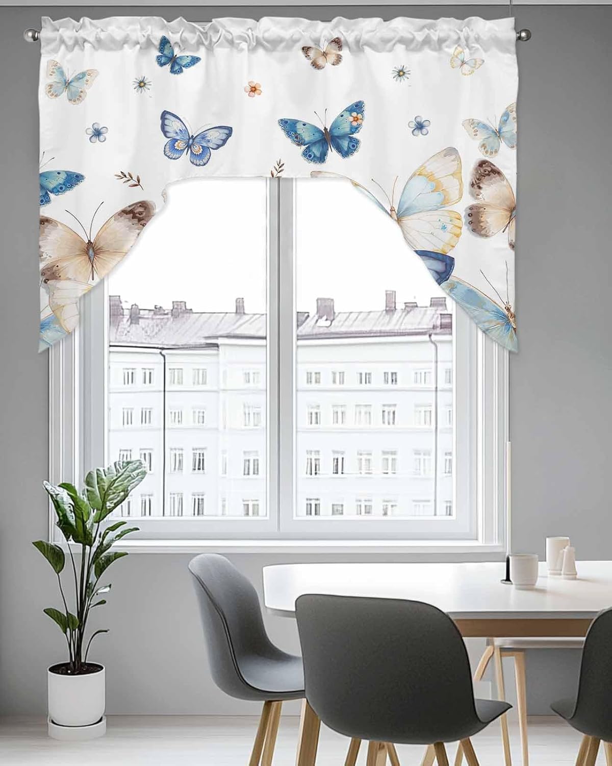 Blue Butter-Fly Swag Valance Kitchen Curtains Country Aesthetics Gradient Brown Art 56x36