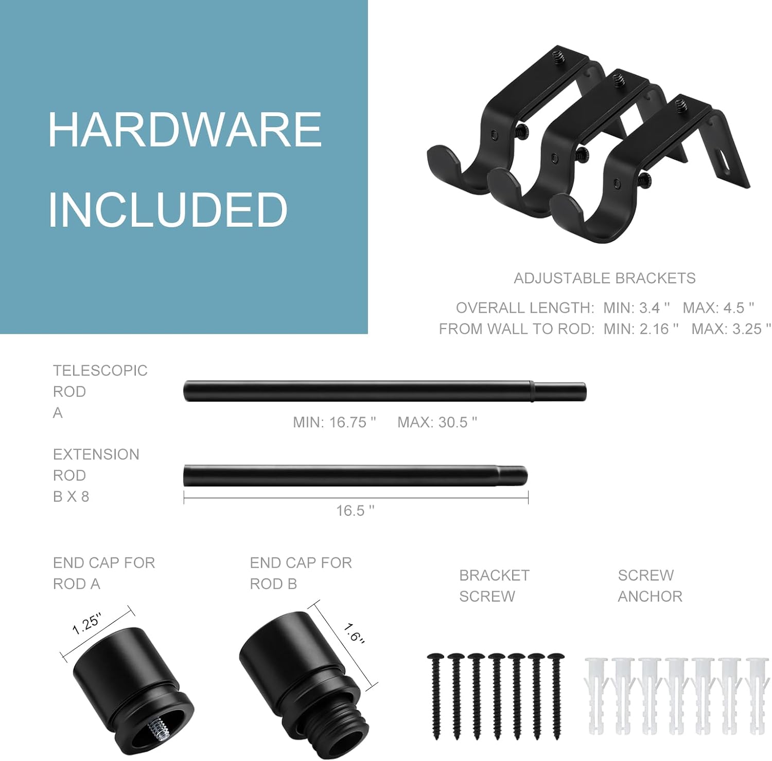 Adjustable Curtain Rod 16-144 Inches 1 Inch Diameter Black Aluminum Finials