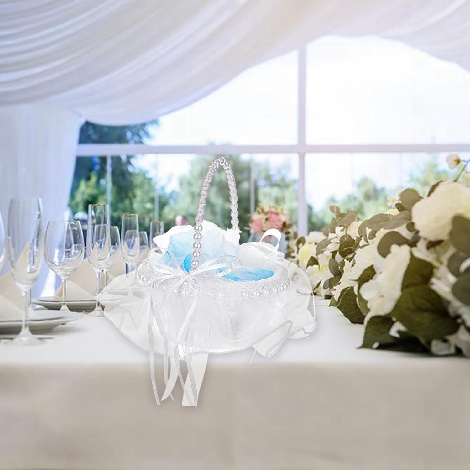 Ochine Wedding Flower Girl Basket with Pearl Handle Bowknot