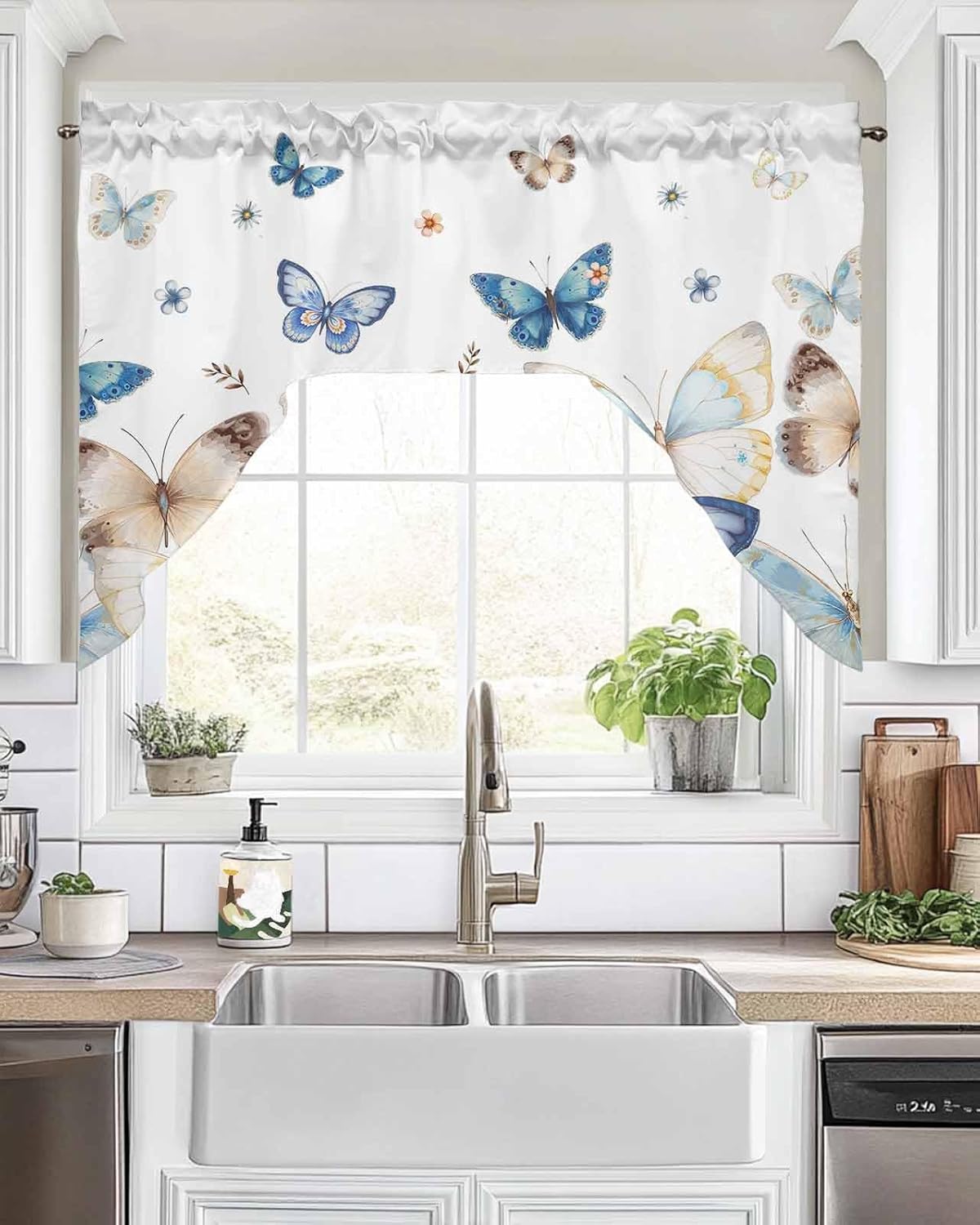 Blue Butter-Fly Swag Valance Kitchen Curtains Country Aesthetics Gradient Brown Art 56x36