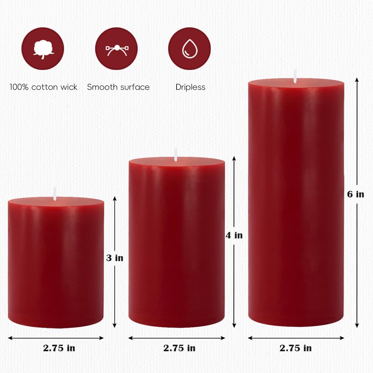 Set of 3 Red Burgundy Pillar Candles Dripless and Unscented