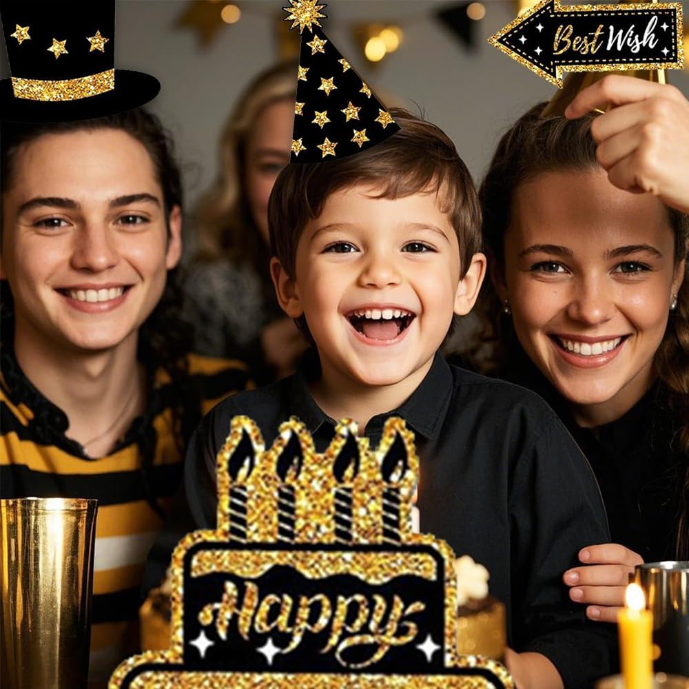 36 Piece Black Gold Birthday Photo Booth Props Set
