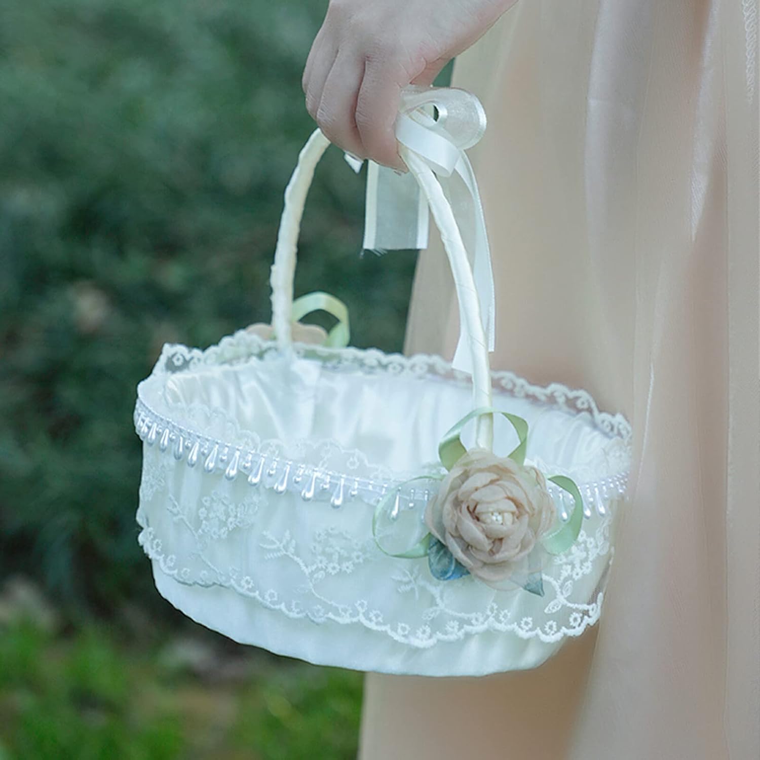 IUIBMI Ivory Wedding Flower Girl Baskets Set of 2 with Swingable Handle
