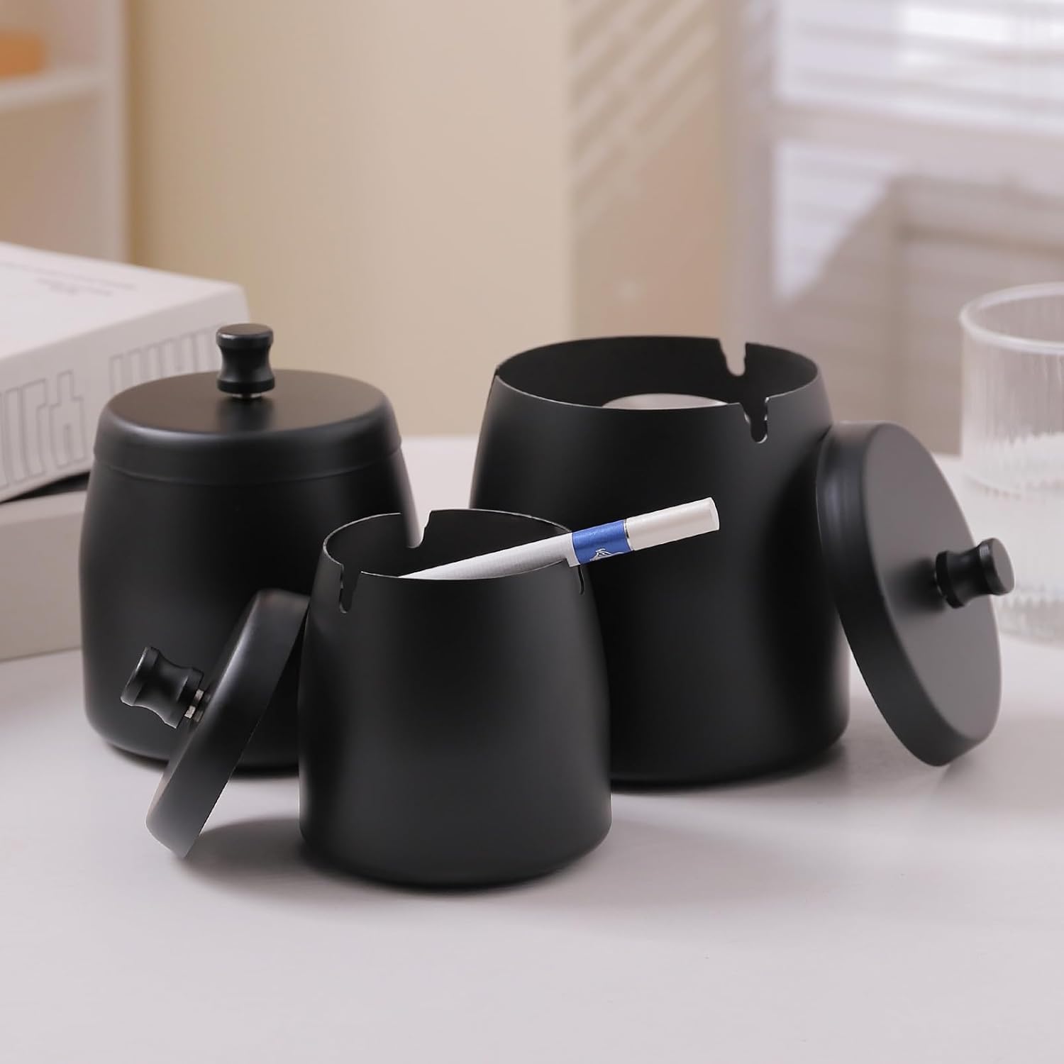 INONE Windproof Stainless Steel Ashtray with Lid