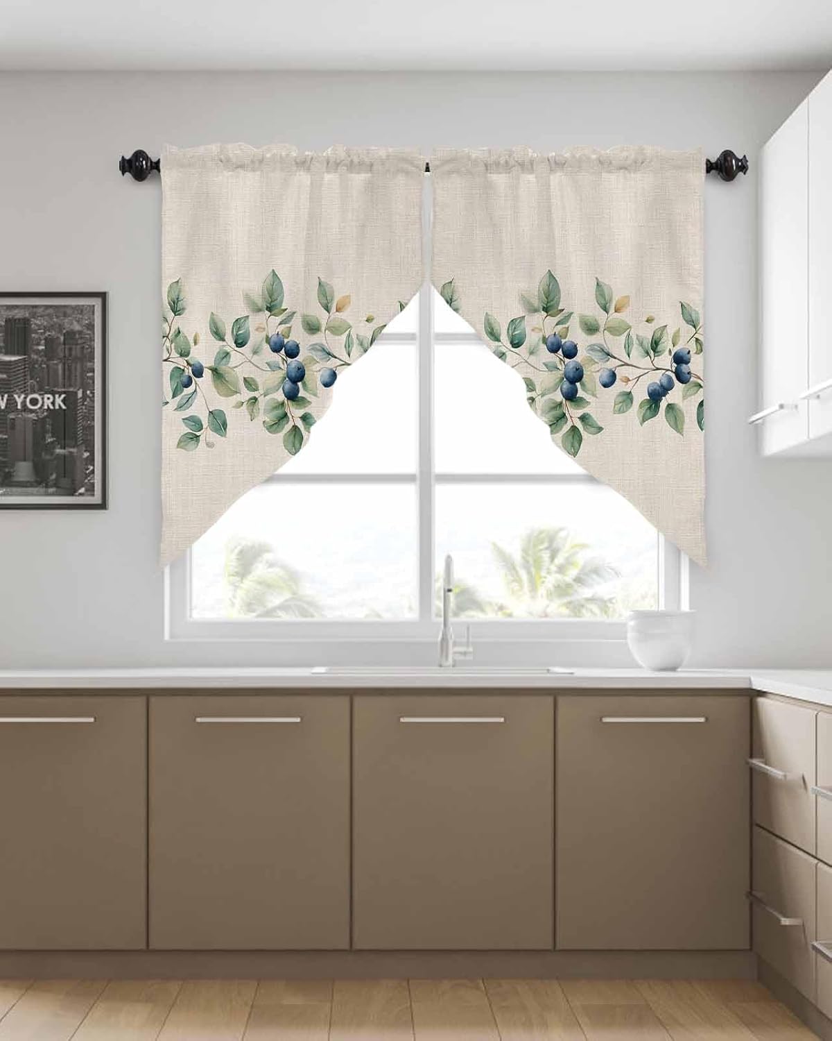 Blueberry Rustic Leaf Linen Swag Curtains - Rod Pocket Panels