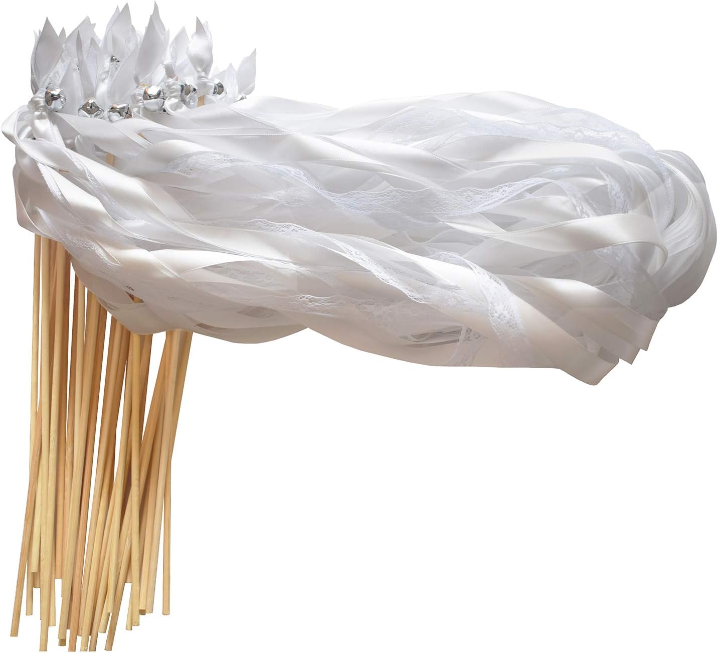Kingsnow 50 Pack White Lace Streamer Wands with Silver Bells