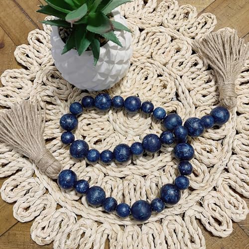 Handcrafted Rustic Blue Wooden Beads Garland with Tassel