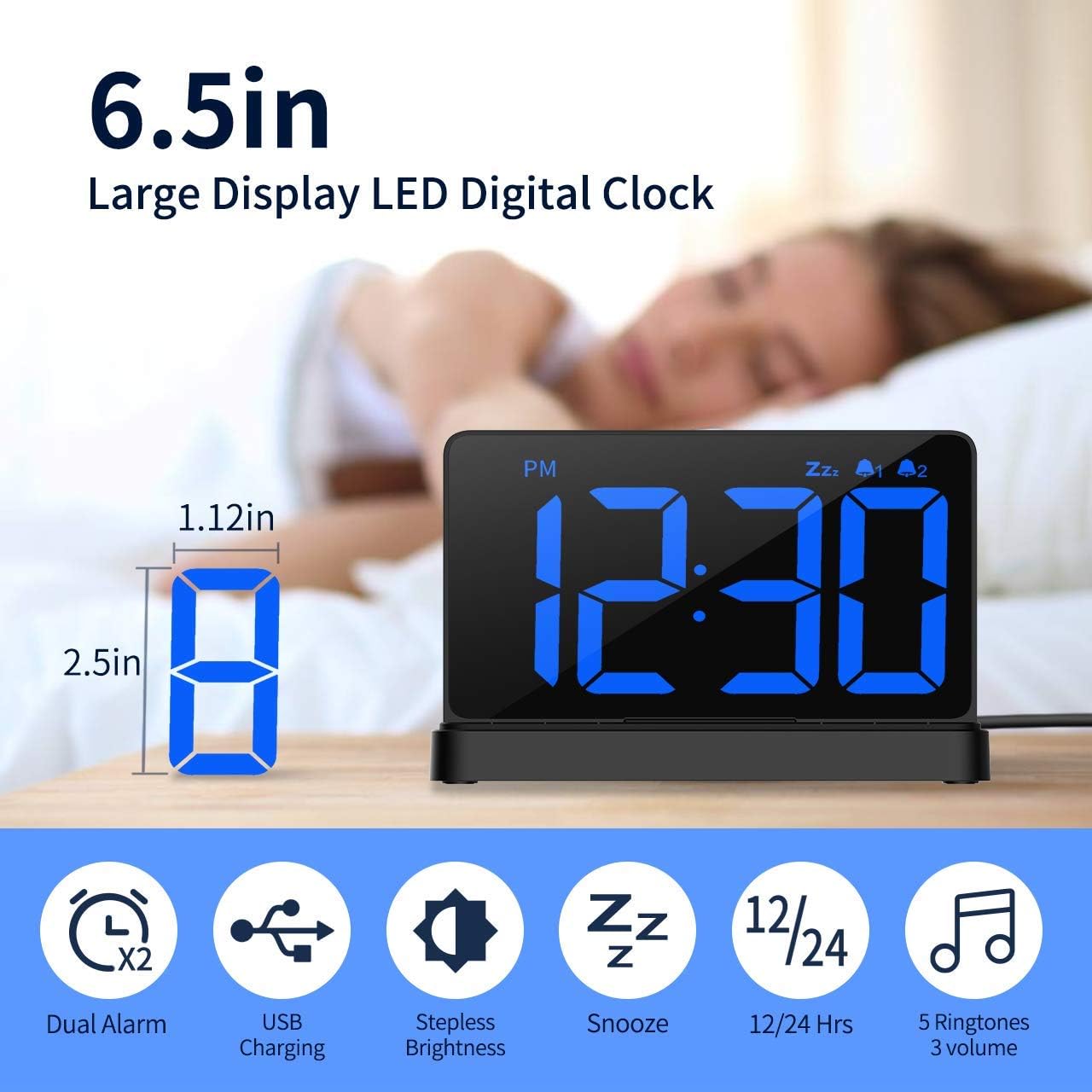 NOKLEAD Digital Alarm Clock for Bedroom with Large Display and 2 Alarms