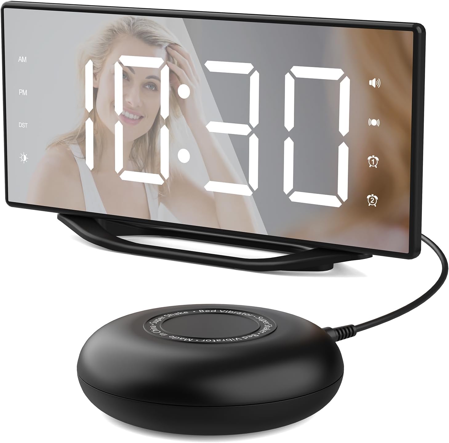 Vibrating Alarm Clock with LED Mirror and Bed Shaker