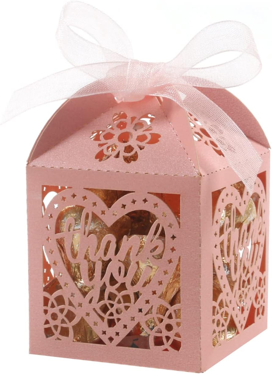 COTOPHER 60pcs Laser Cut Pink Thank You Boxes with Ribbons