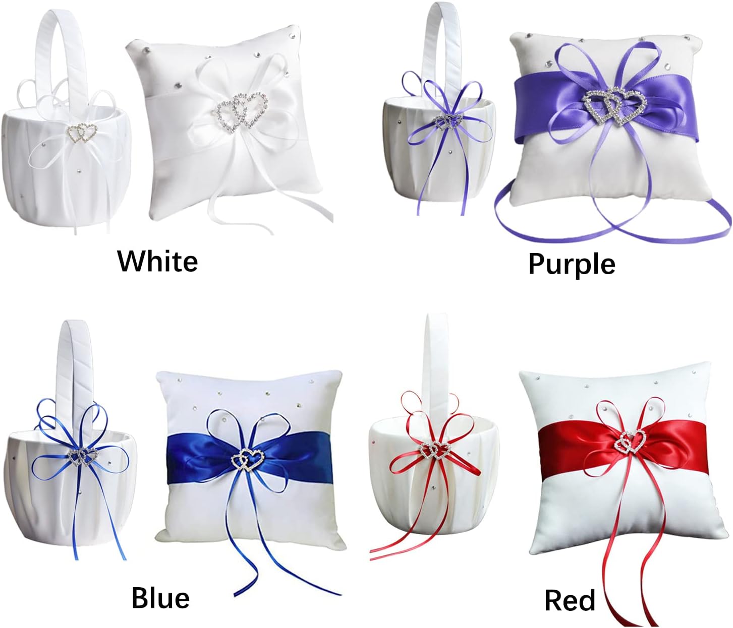 Wedding Flower Girl Basket and Ring Pillow Set with Double Heart Rhinestone