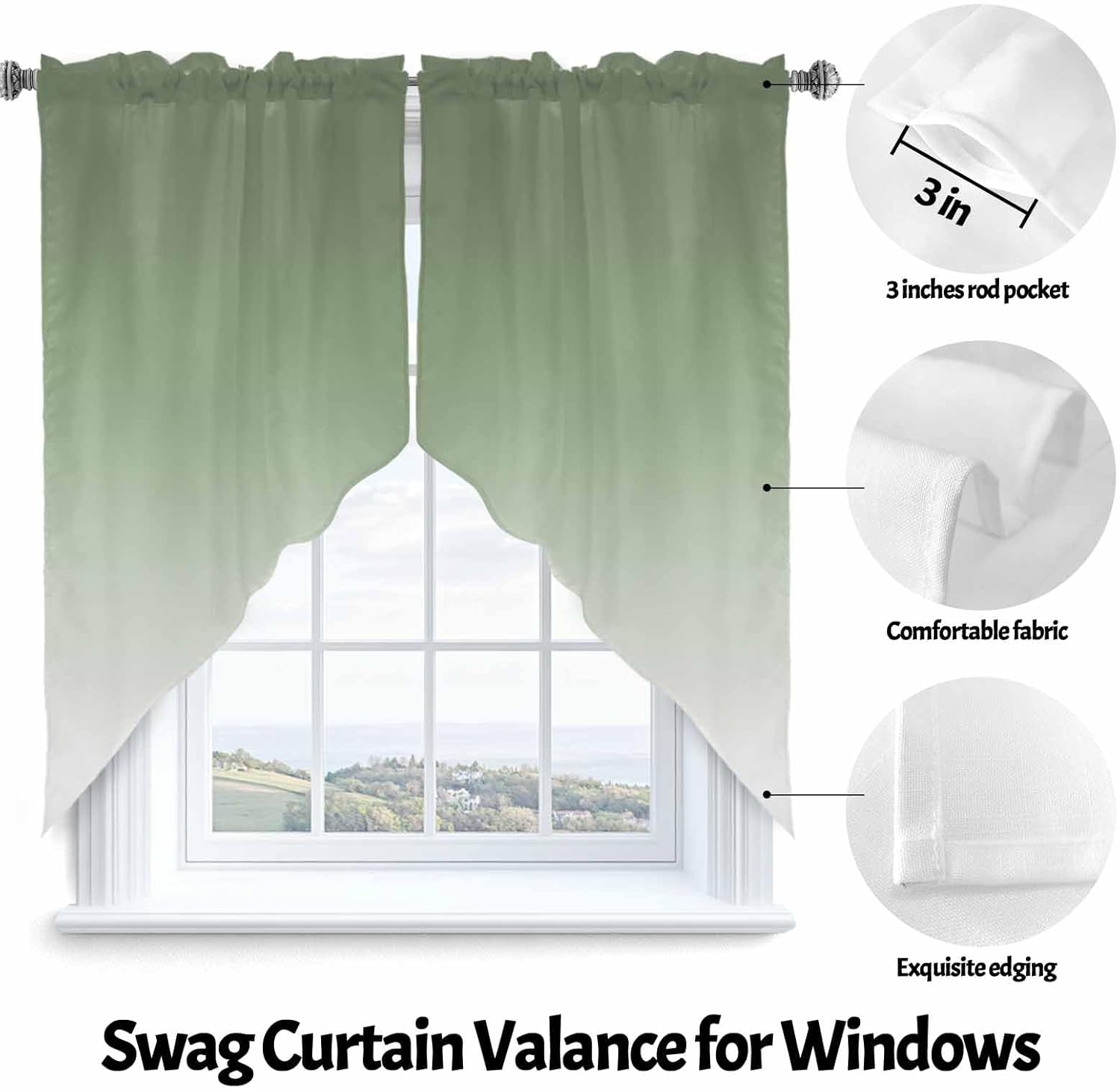 Swag Valances for Windows Gradient Sage Green 2 Panels 28x36 Inch