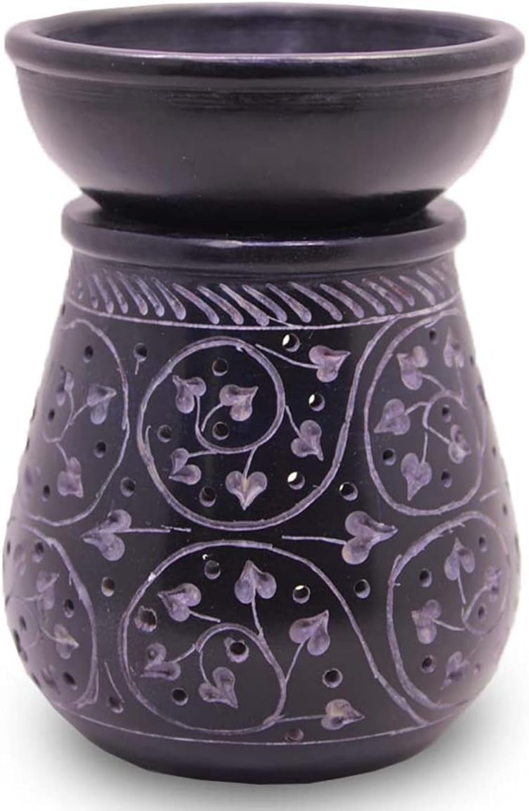 Handmade Soapstone Aroma Oil Burner with Round Floral Carving