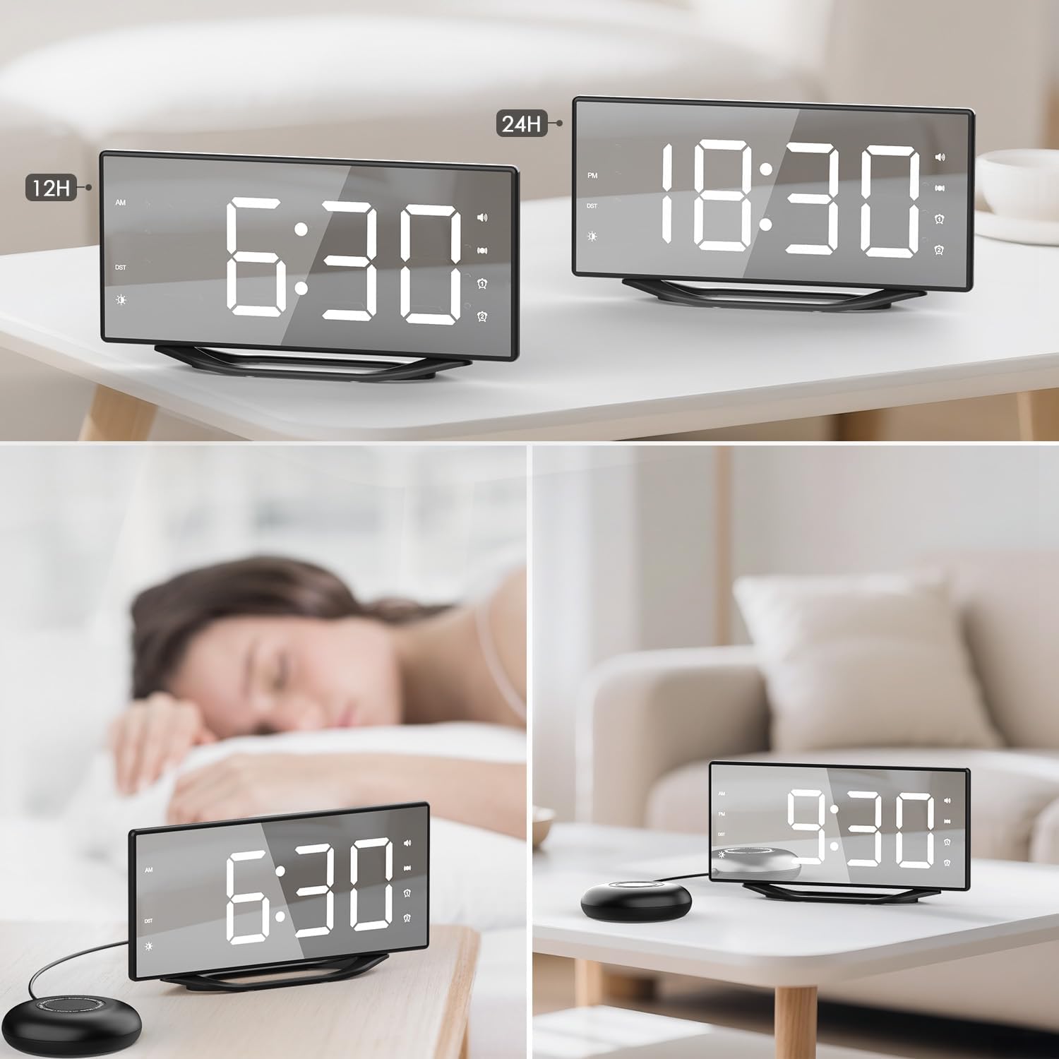 Vibrating Alarm Clock with LED Mirror and Bed Shaker