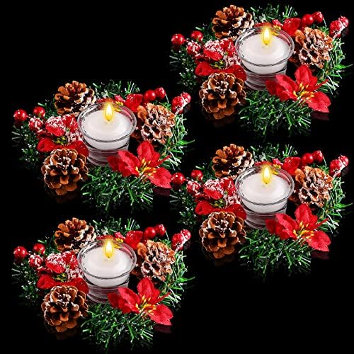 4 Pcs 7 Inch Christmas Poinsettia Candle Wreath Centerpiece Decor