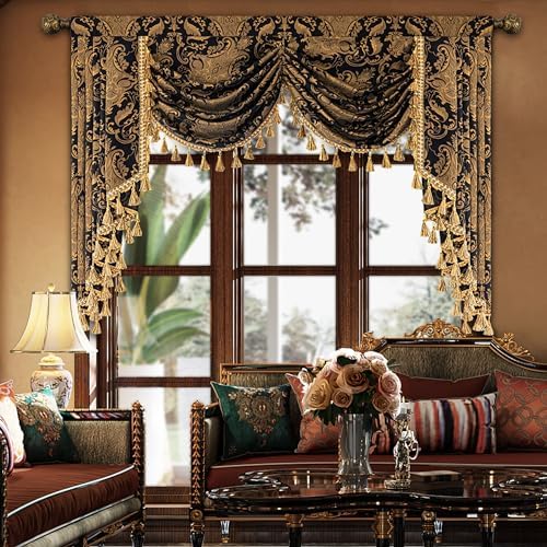 Loom and Mill Luxury Waterfall Valance 59 Inch Black Damask Swag
