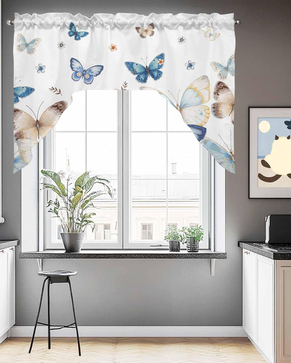Blue Butter-Fly Swag Valance Kitchen Curtains Country Aesthetics Gradient Brown Art 56x36