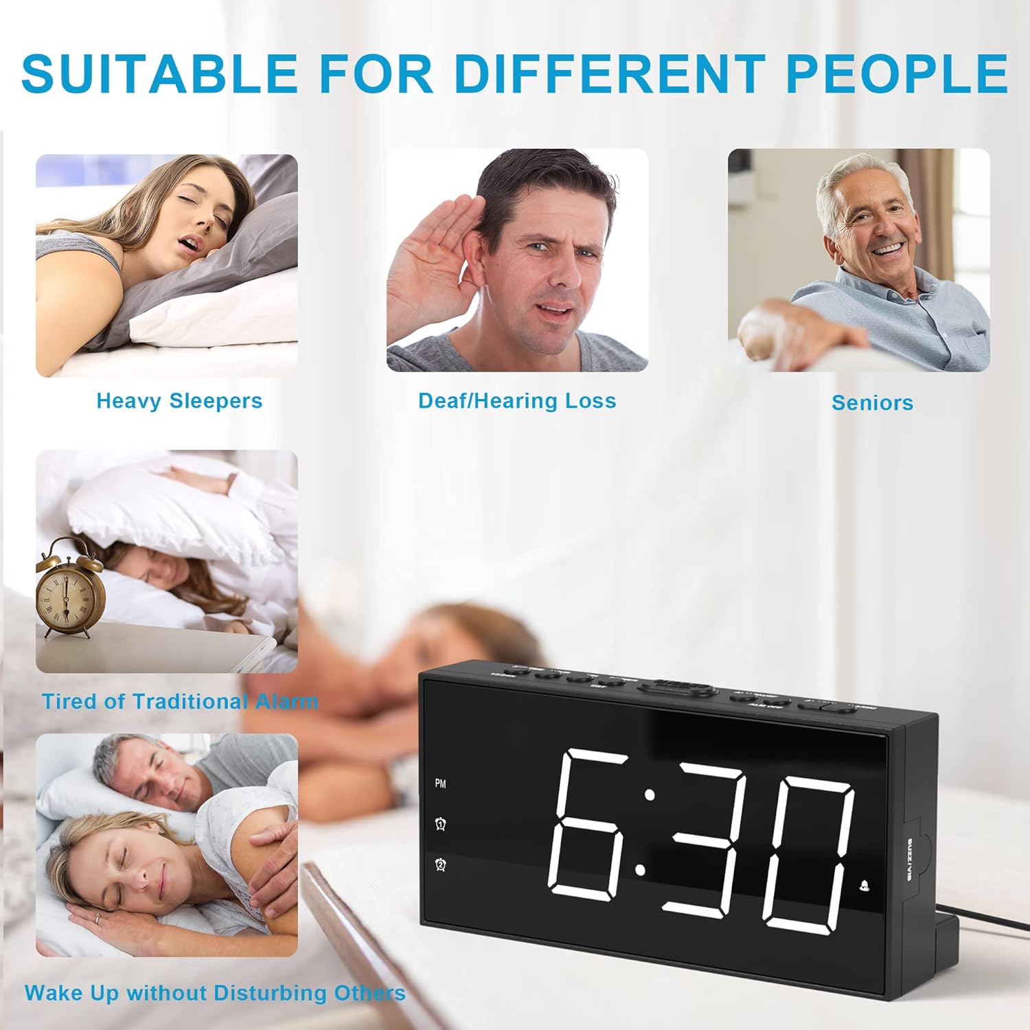 Extra Loud Dual Alarm Clock with Vibration for Bedroom and Deep Sleepers