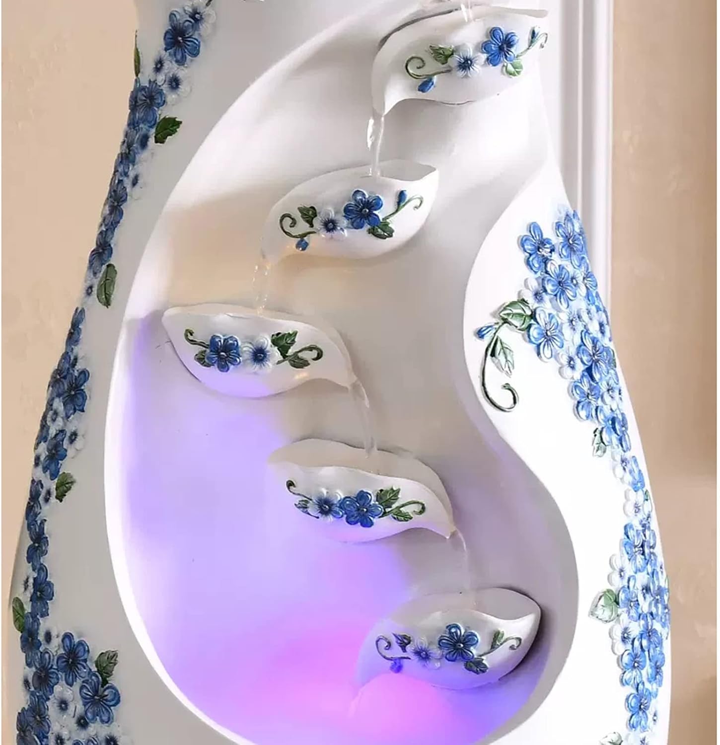 WAOCEO Elegant Tabletop Water Fountain with Blue Flowers and White Background