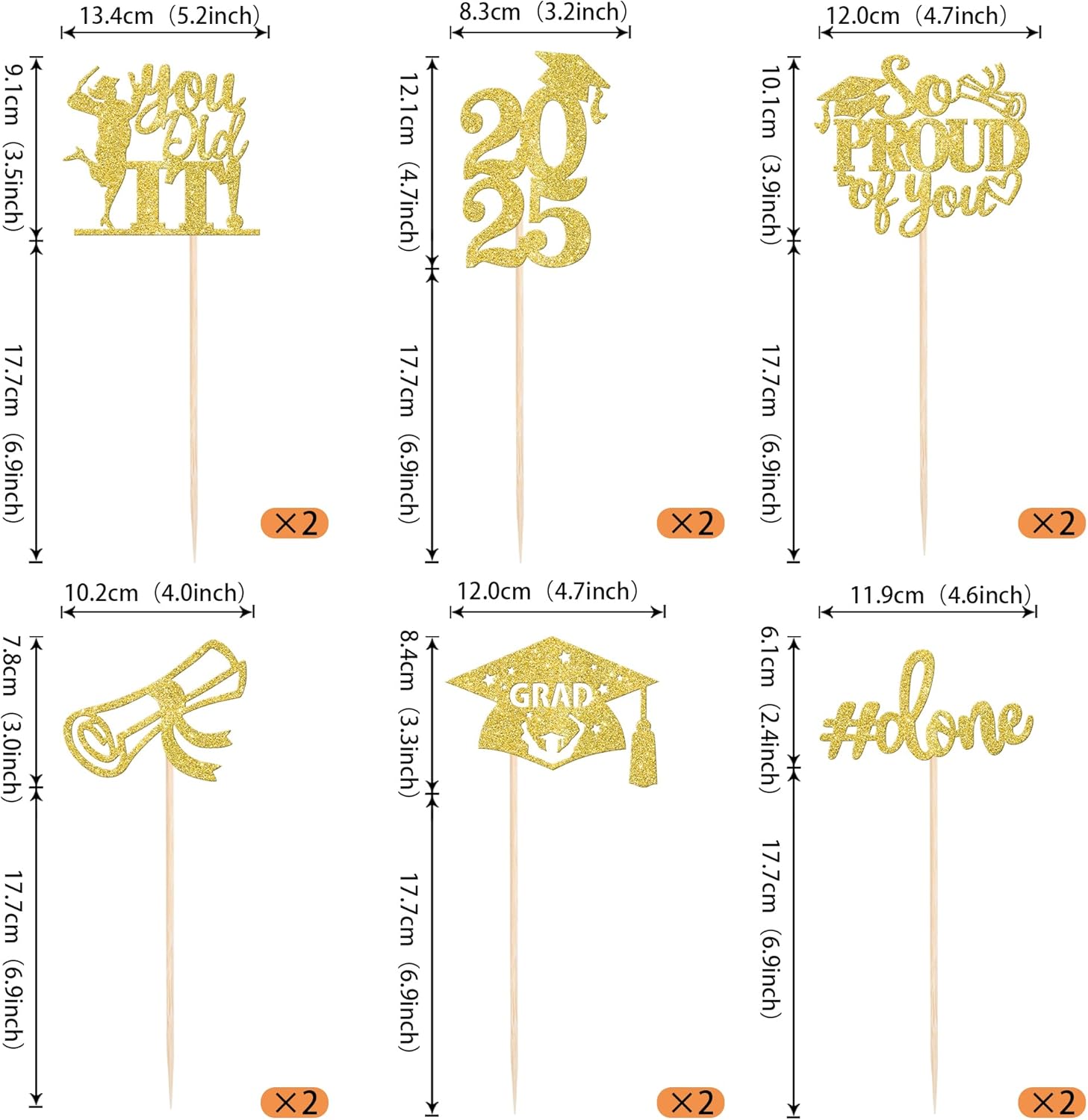 Gold Glitter Graduation Centerpiece Sticks 12 Pack