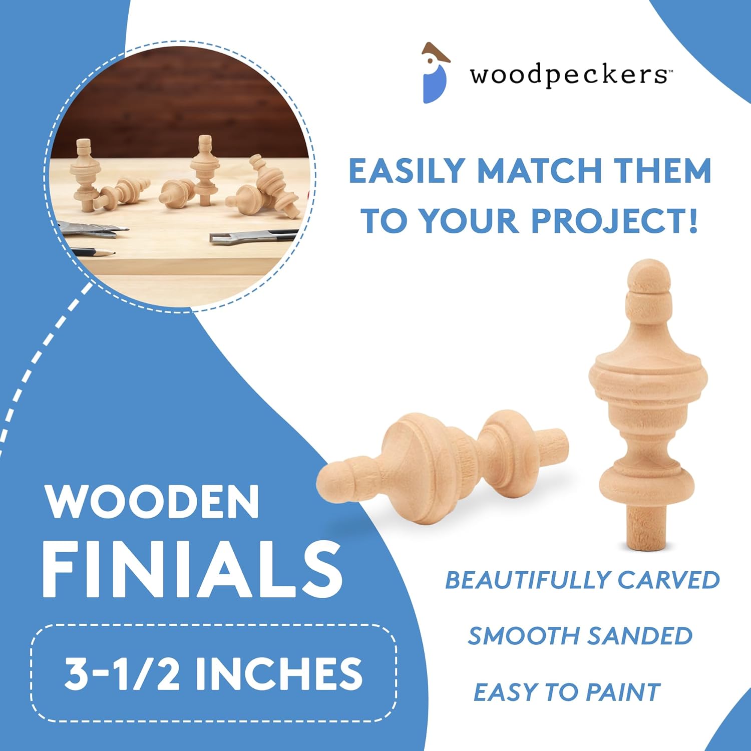 Woodpeckers Unfinished Wood Finials - 35 Inch Pack of 6