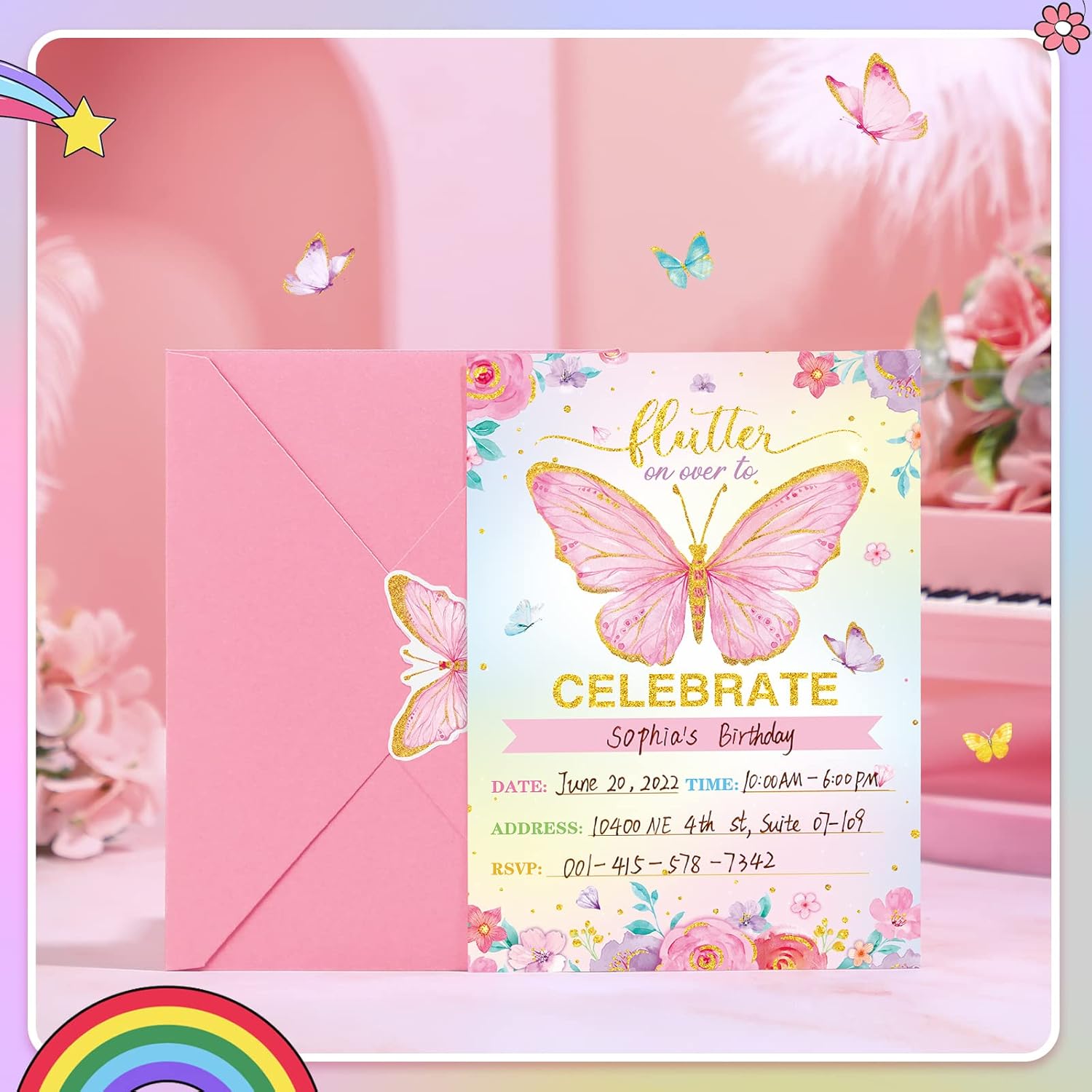 Sepamoon 24 Pack Butterfly Birthday Invitations with Envelopes and Stickers Pink