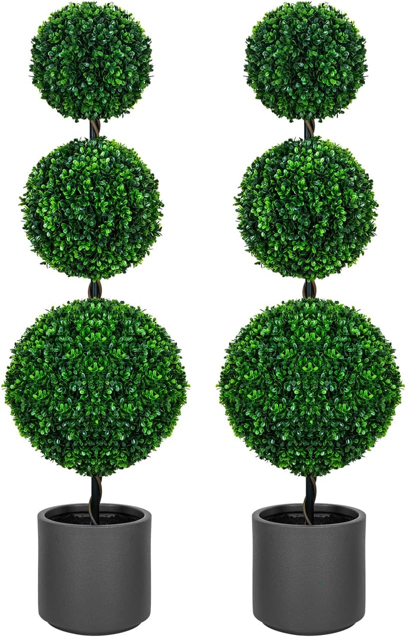 4FT Artificial Triple Ball Topiary Trees with Gray Planter Pot Set of 2