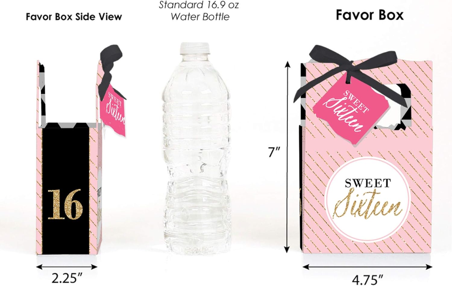 Chic 16th Birthday Favor Boxes Set of 12 Pink Black Gold