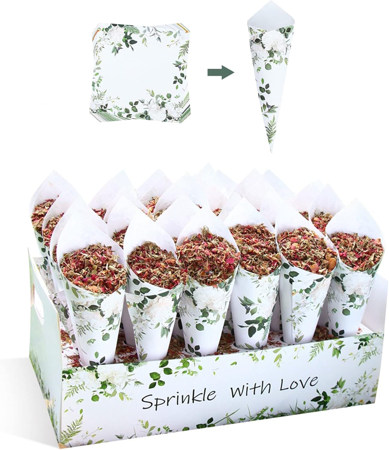 30 Pieces Biodegradable Confetti Cones and Stand Tray Box Green