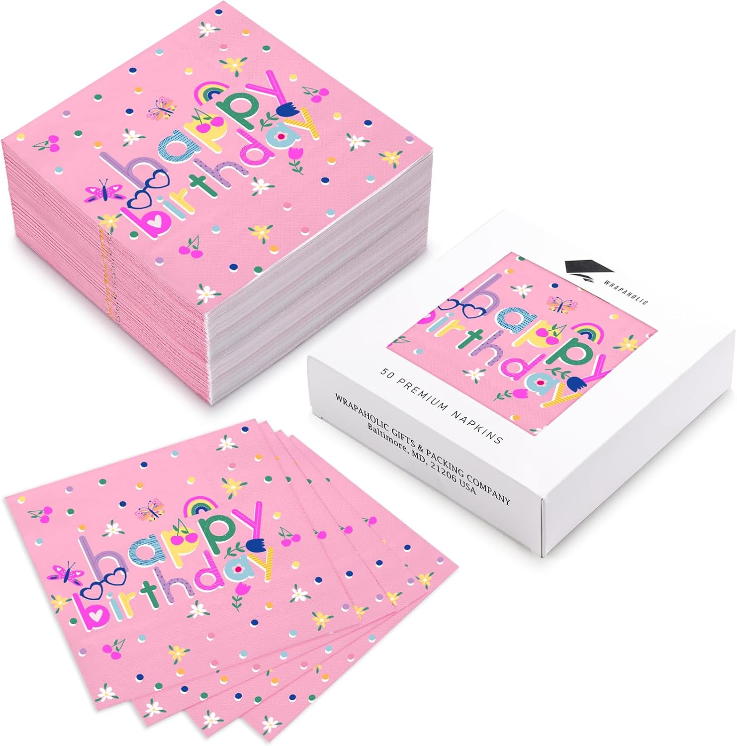 WRAPAHOLIC 50Pcs Pink Birthday Napkins - 3-Ply Disposable Paper Napkins for Parties