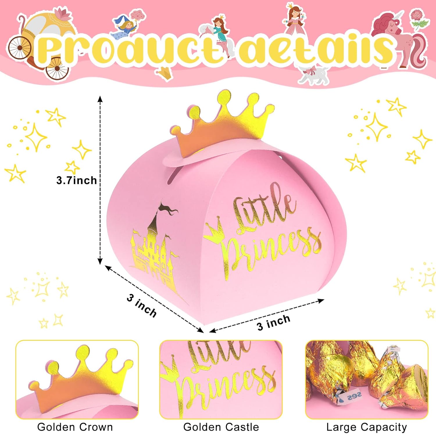 TaoBary 36 Pack Pink Princess Candy Boxes with Gold Crown