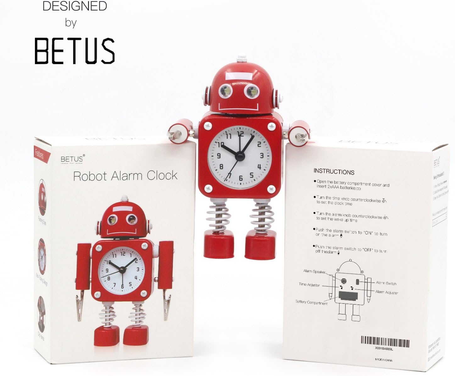 Betus Non-Ticking Robot Alarm Clock - Ruby Red