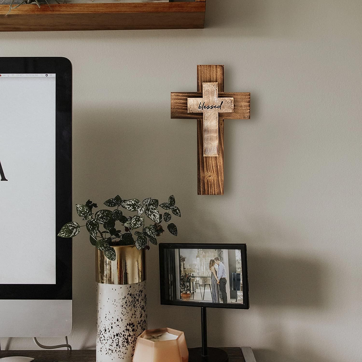 Wooden Wall Cross with Hook for Hanging or Table Use