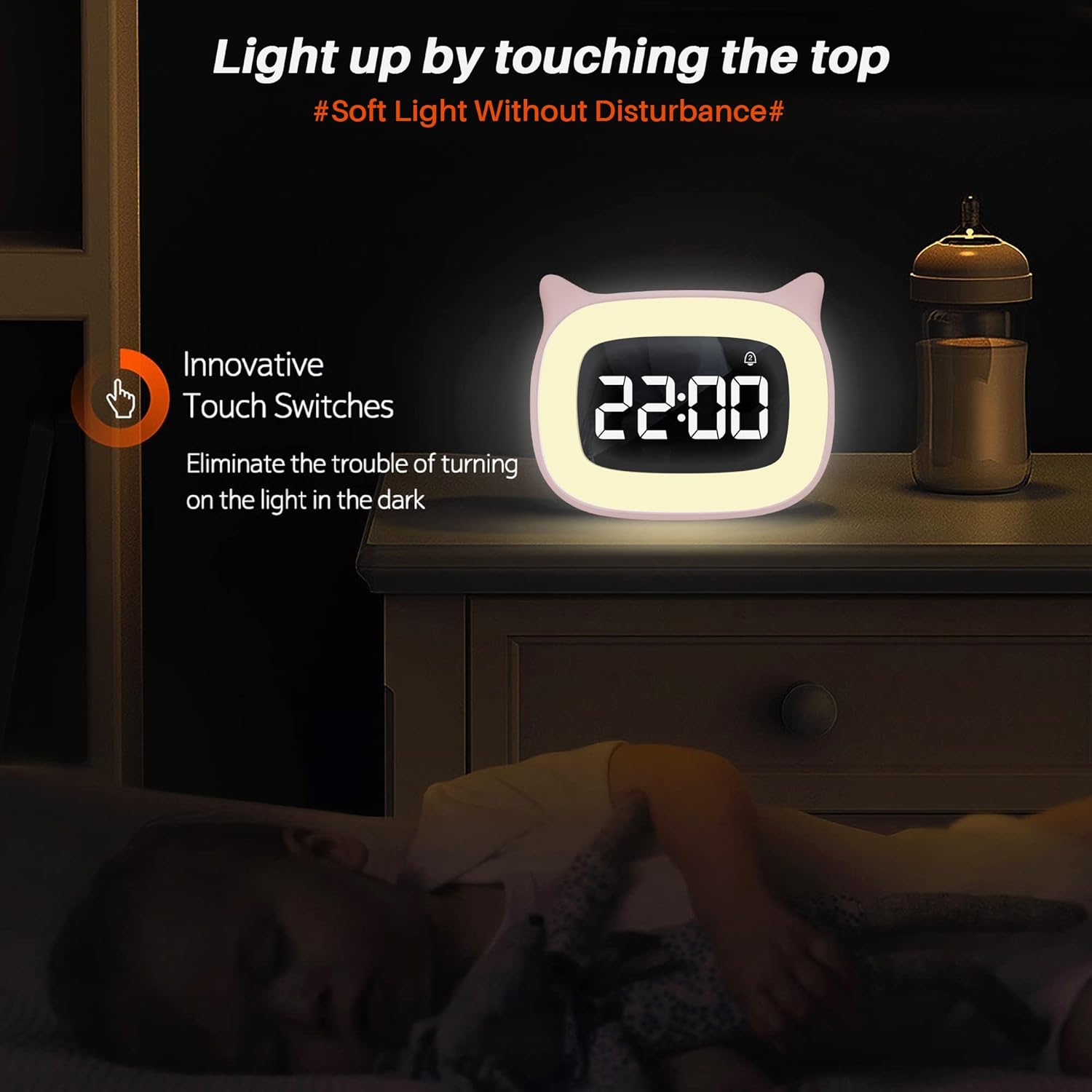 Cute Cat Ear Alarm Clock with Night Light and 18 Ringtones