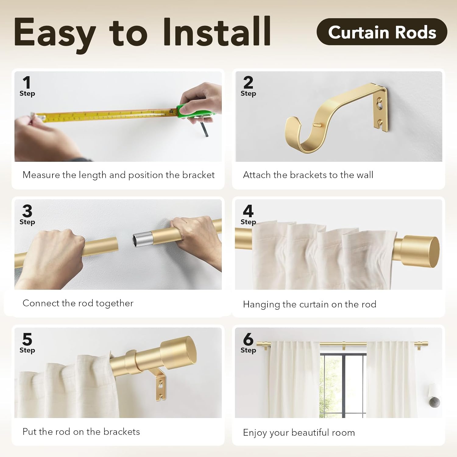 Heavy Duty Gold Curtain Rods 66-120 Inch Single Rods