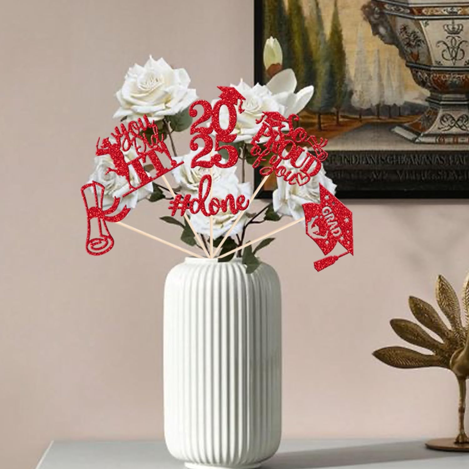 2025 Graduation Centerpiece Sticks Red Glitter