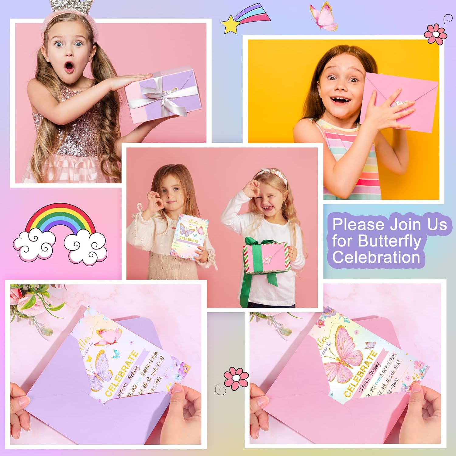 Sepamoon 24 Pack Butterfly Birthday Invitations with Envelopes and Stickers Pink