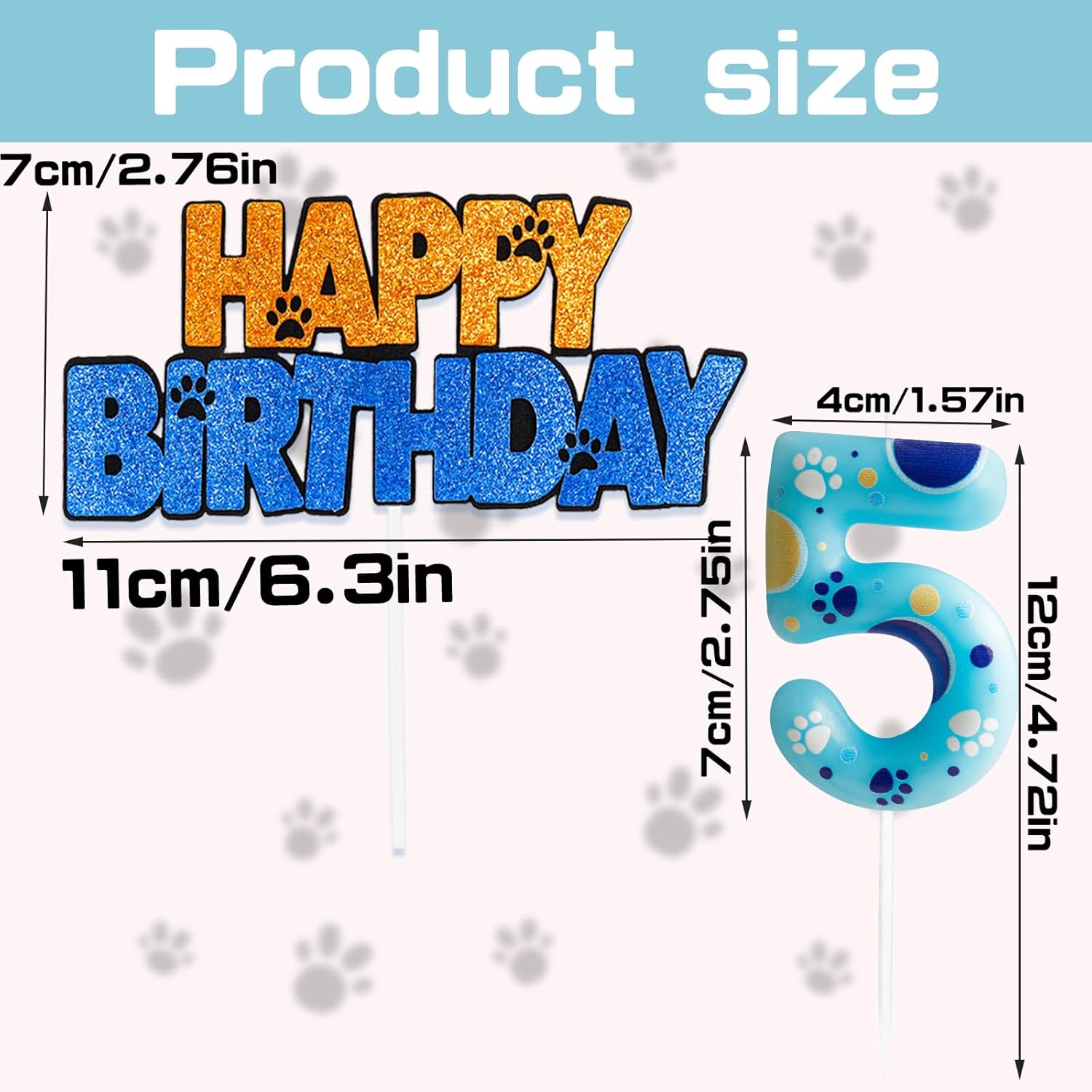 Dog Paw 5th Birthday Cake Decorations with Candles and Toppers