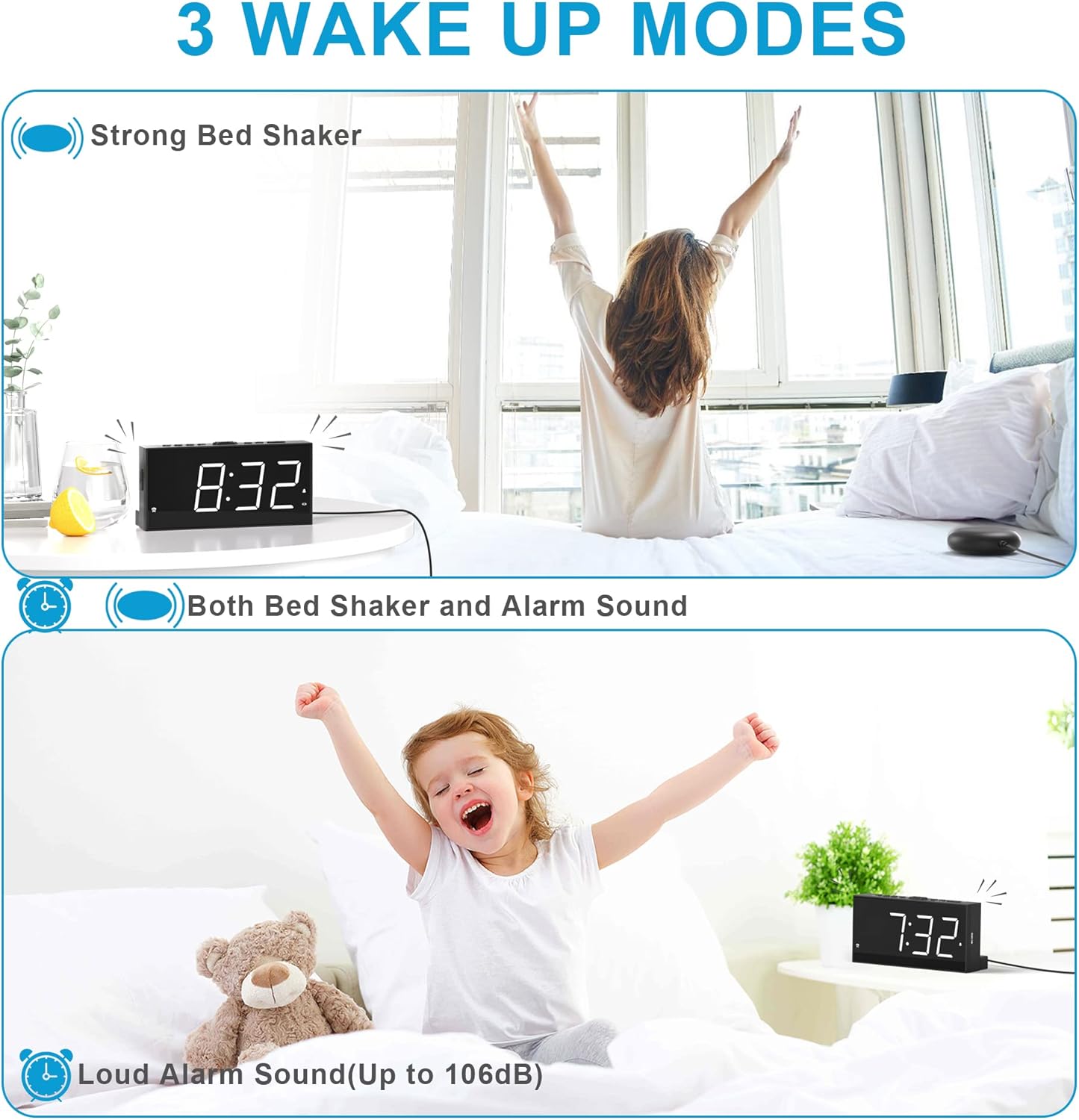 Extra Loud Dual Alarm Clock with Vibration for Bedroom and Deep Sleepers