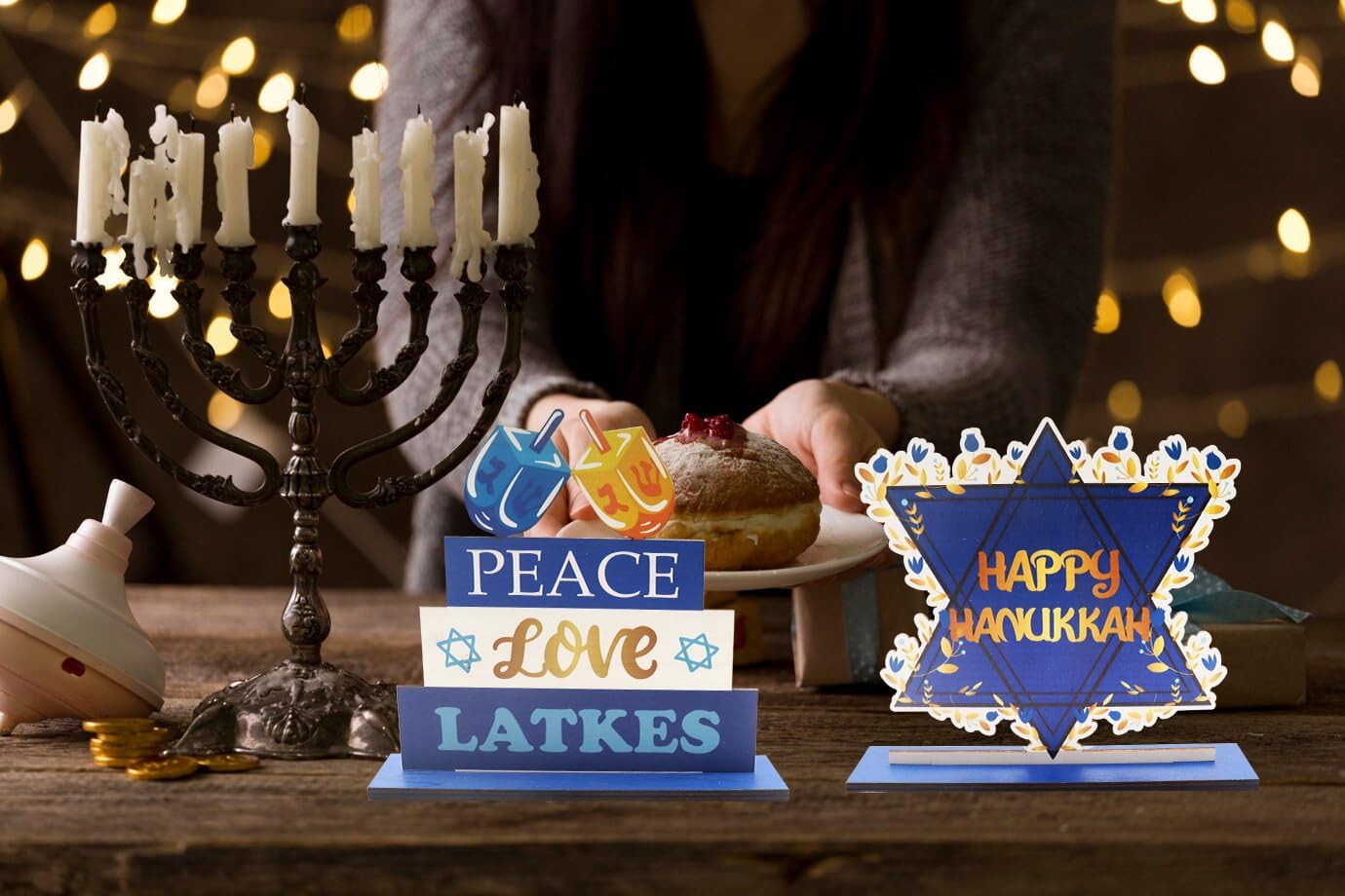 3 PCS Happy Hanukkah Table Centerpieces with Menorah and Star of David