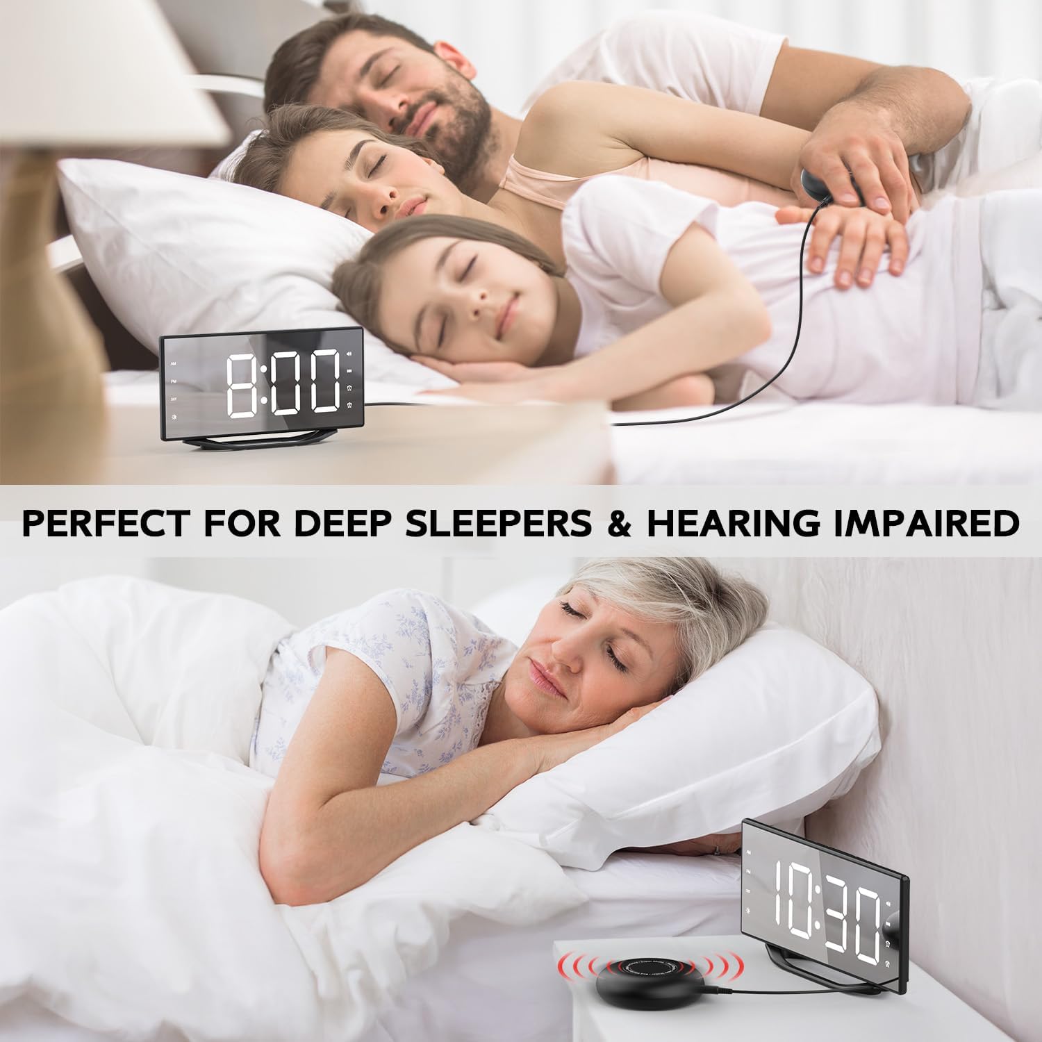 Vibrating Alarm Clock with LED Mirror and Bed Shaker