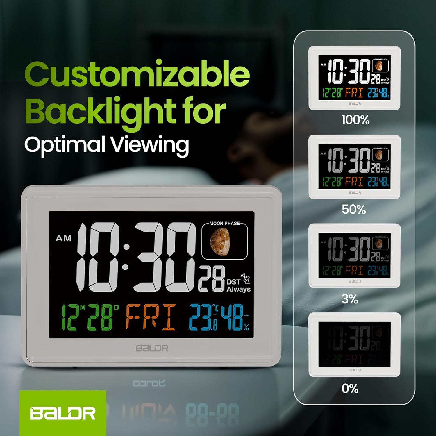 Baldr Atomic Clock with Temperature and Humidity Display - White