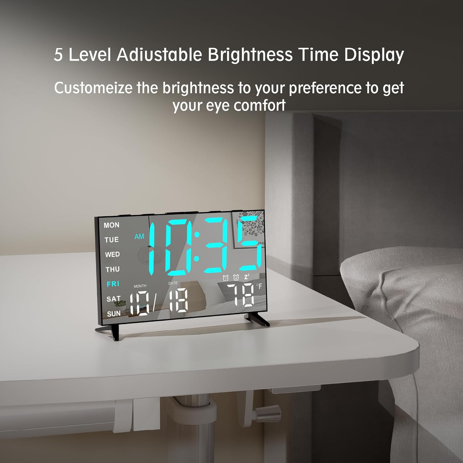 Mirror Digital Alarm Clock with Temperature and Dual Alarms BlackIce Blue Digit