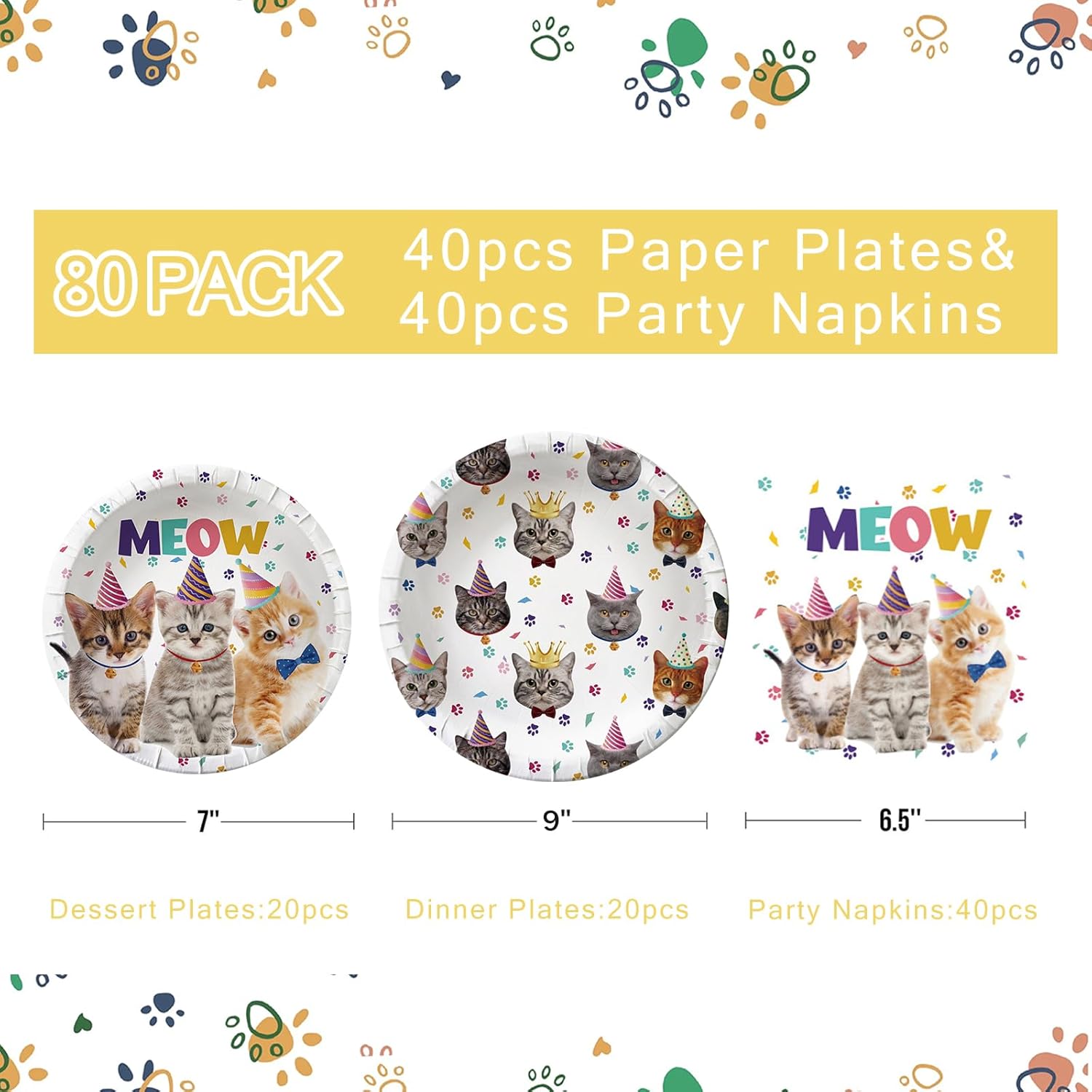 80PCS Cat Plates and Napkins for Birthday Party